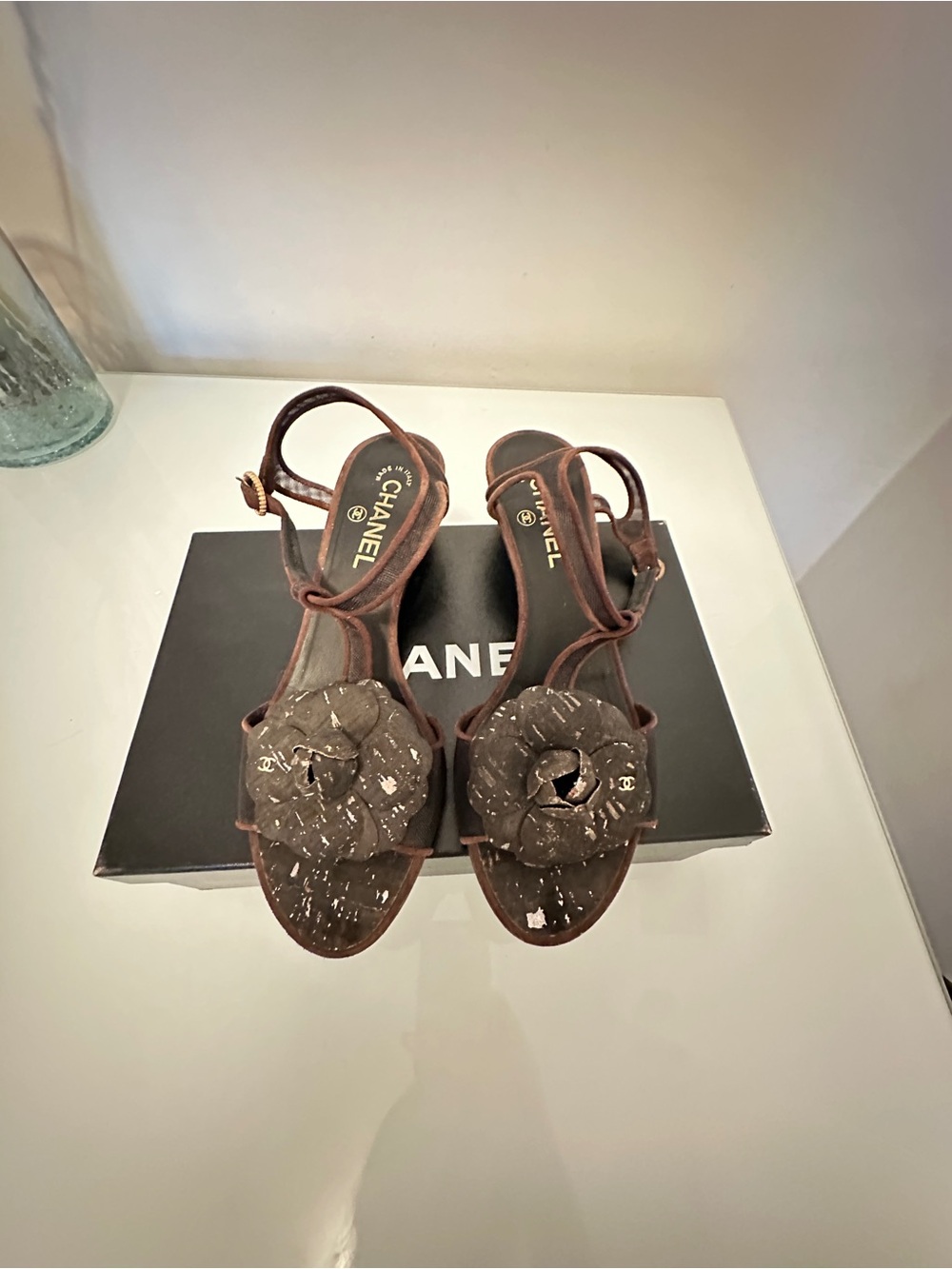CHANEL Brown Camellia Embellished Strappy Sandals
